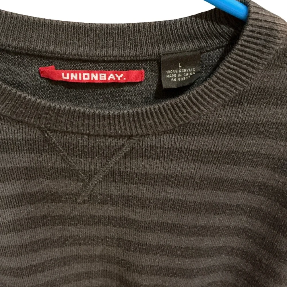 Unionbay Mens‎ Crewneck Sweater Olive Green Charcoal Striped Acrylic Large L